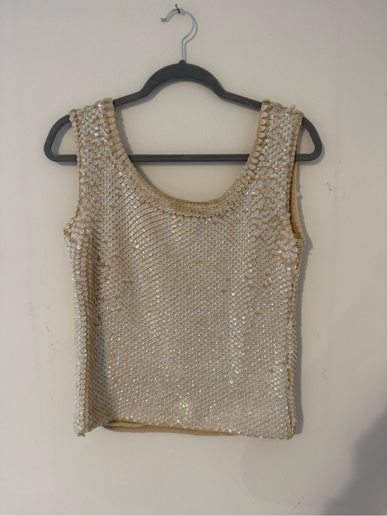 Sweaters - 1960s Vintage Sequin Scoop Neck Tank Top - Champagne